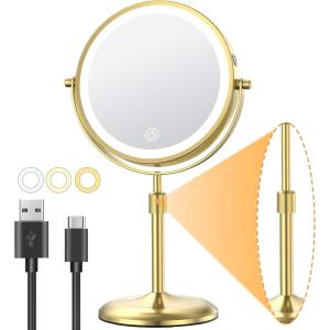 imageGospire 7quot Lighted Makeup Mirror with Magnification 10X1X Height Adjustable ampamp 3 Color Dimmable Lights 360 Swivel Double Sided Light up Rechargeable LED Cosmetic Vanity Cordless Standing MirrorGold