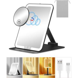 imageGospire Travel Makeup Mirror with Lights and Magnification 10X Portable Make Up Compact Tabletop Mirror with Adjustable Stand 3 Colored Lights Rechargeable Lighted LED Vanity Mirror  PinkBlack