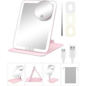 imageGospire Travel Makeup Mirror with Lights and Magnification 10X Portable Make Up Compact Tabletop Mirror with Adjustable Stand 3 Colored Lights Rechargeable Lighted LED Vanity Mirror  PinkPink