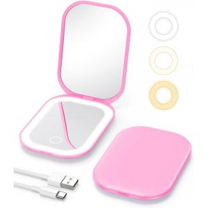 imageGospire Lighted Travel Makeup Mirror with Light and Magnification 1X3X Stepless Dimming and ThreeColor Adjustable Lights Rechargeable Battery and Compact Size for Purse and Portable Use  PinkDeep Pink