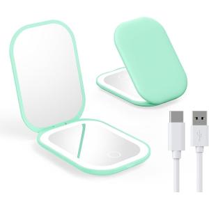 imageGospire Lighted Travel Makeup Mirror with Light and Magnification 1X3X Stepless Dimming and ThreeColor Adjustable Lights Rechargeable Battery and Compact Size for Purse and Portable Use  PinkGreen